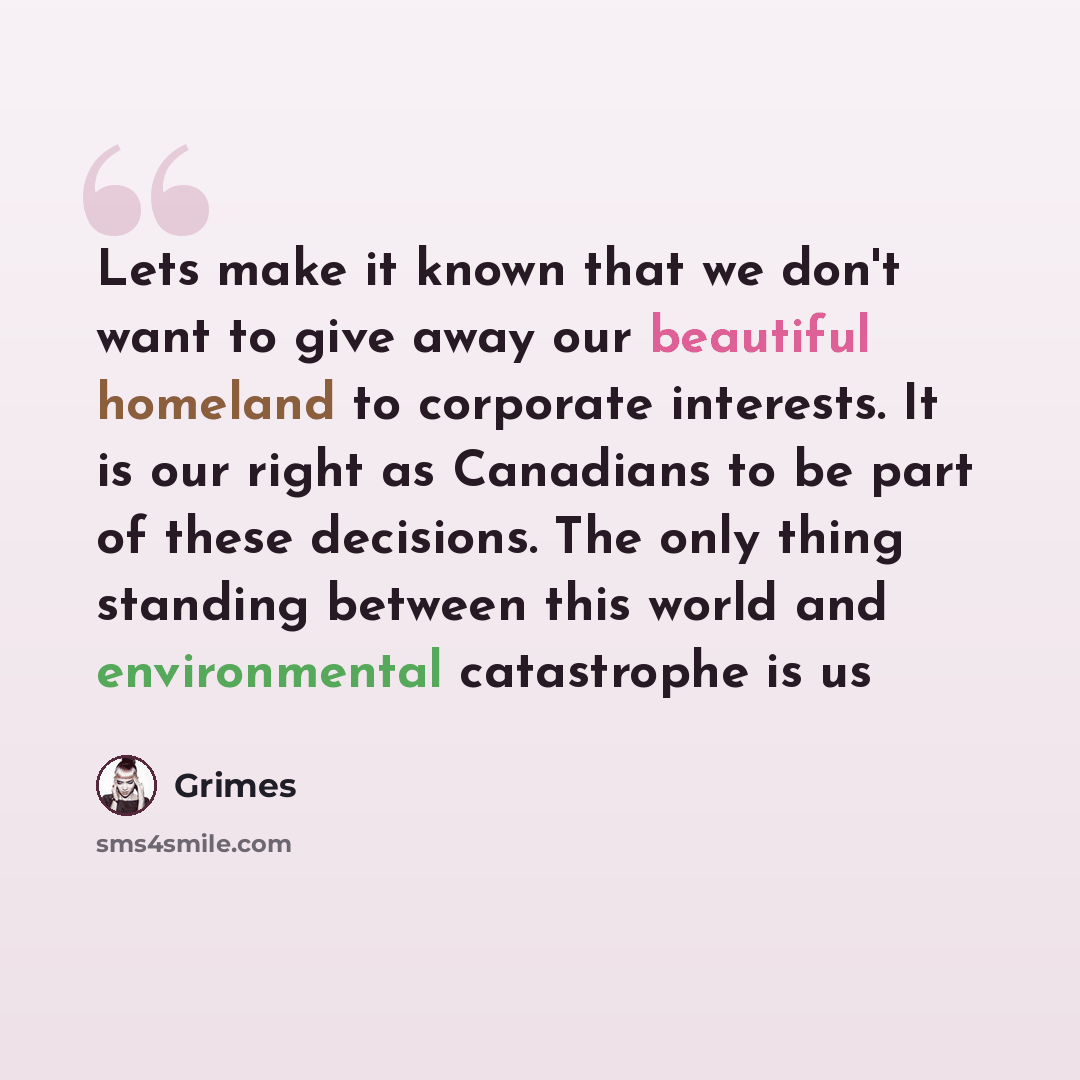 “Lets make it known that we don't want to give away our beautiful homeland to corporate interests. It is our right as Canadians to be part of these decisions. The only thing standing between this world and environmental catastrophe is us” quote by Grimes