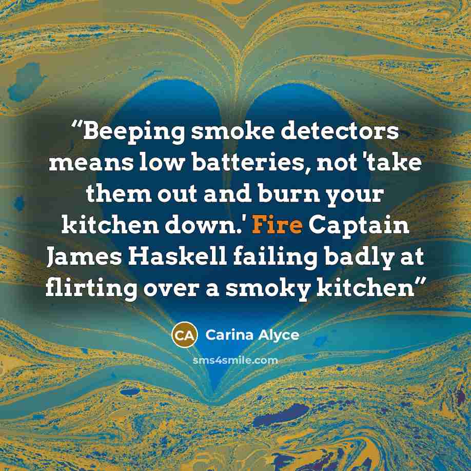 “Beeping smoke detectors means low batteries, not 'take them out and burn your kitchen down.' Fire Captain James Haskell failing badly at flirting over a smoky kitchen” quote by Carina Alyce