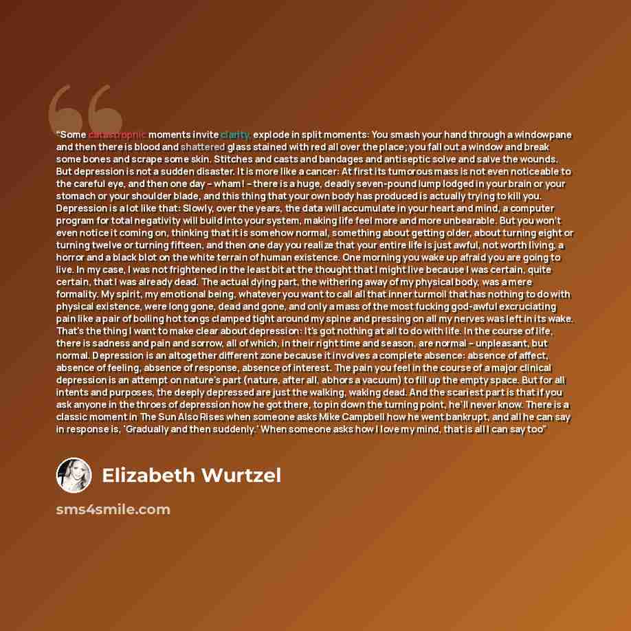 “Some catastrophic moments invite clarity, explode in split moments: You smash your hand through a windowpane and then there is blood and shattered glass stained with red all over the place; you fall out a window and break some bones and scrape some skin. Stitches and casts and bandages and…” quote by Elizabeth Wurtzel