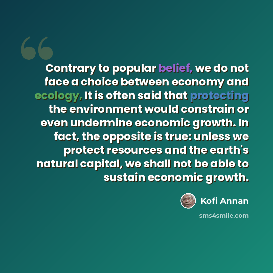 “Contrary to popular belief, we do not face a choice between economy and ecology, It is often said that protecting the environment would constrain or even undermine economic growth. In fact, the opposite is true: unless we protect resources and the earth's natural capital, we shall not be able to…” quote by Kofi Annan