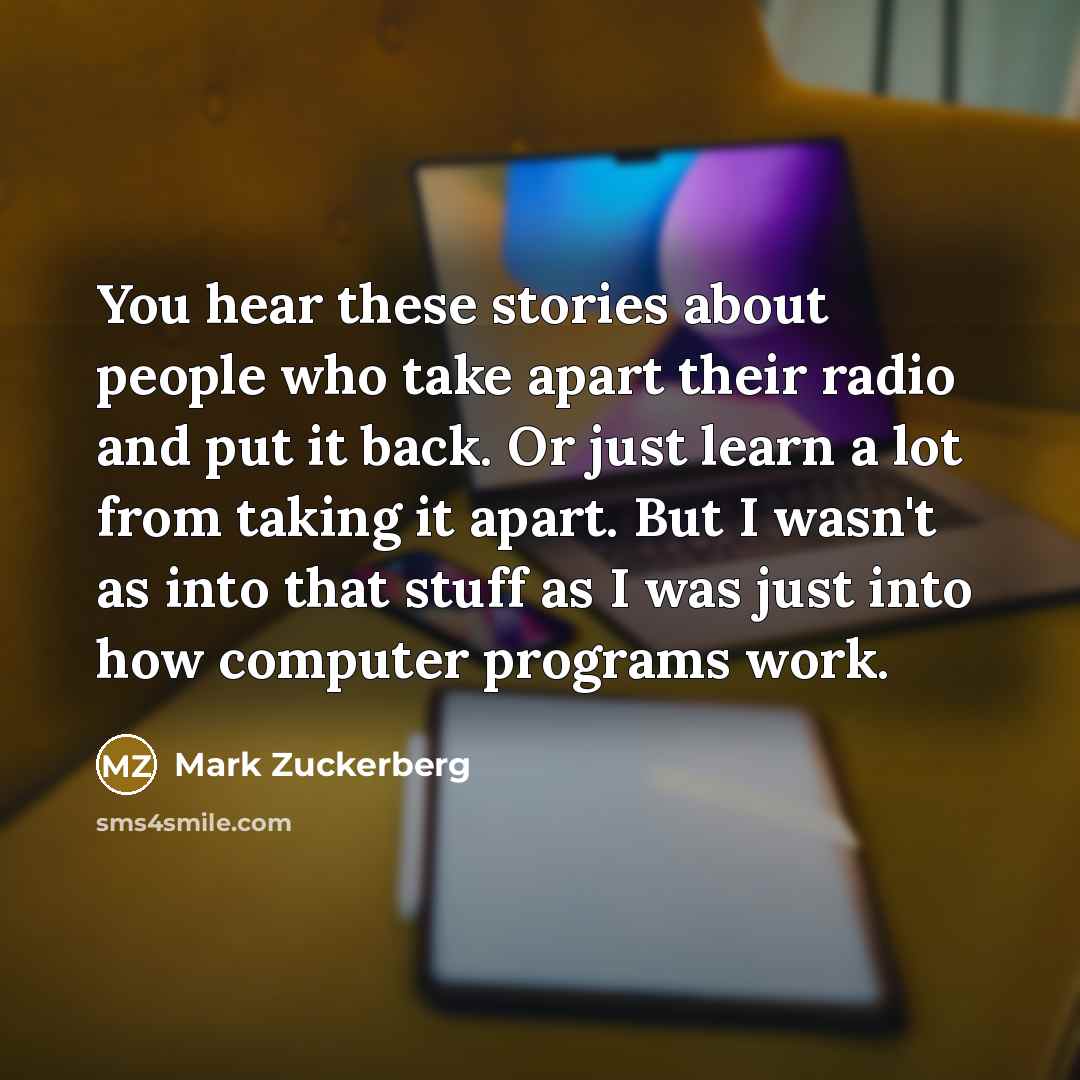 “You hear these stories about people who take apart their radio and put it back. Or just learn a lot from taking it apart. But I wasn't as into that stuff as I was just into how computer programs work.” quote by Mark Zuckerberg