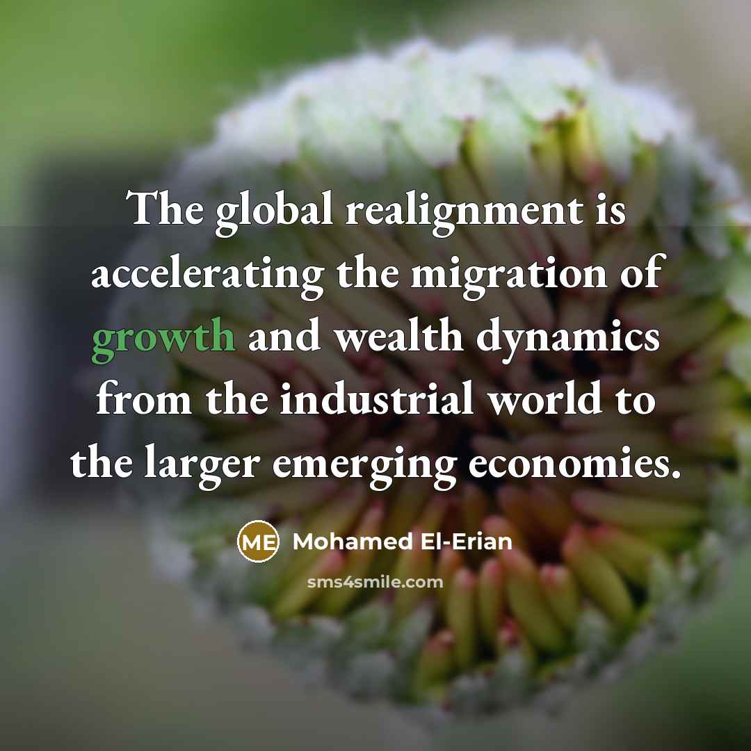 “The global realignment is accelerating the migration of growth and wealth dynamics from the industrial world to the larger emerging economies.” quote by Mohamed El-Erian