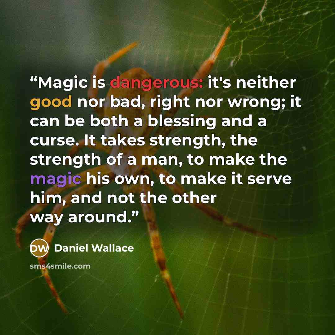 “Magic is dangerous: it's neither good nor bad, right nor wrong; it can be both a blessing and a curse. It takes strength, the strength of a man, to make the magic his own, to make it serve him, and not the other way around.” quote by Daniel Wallace