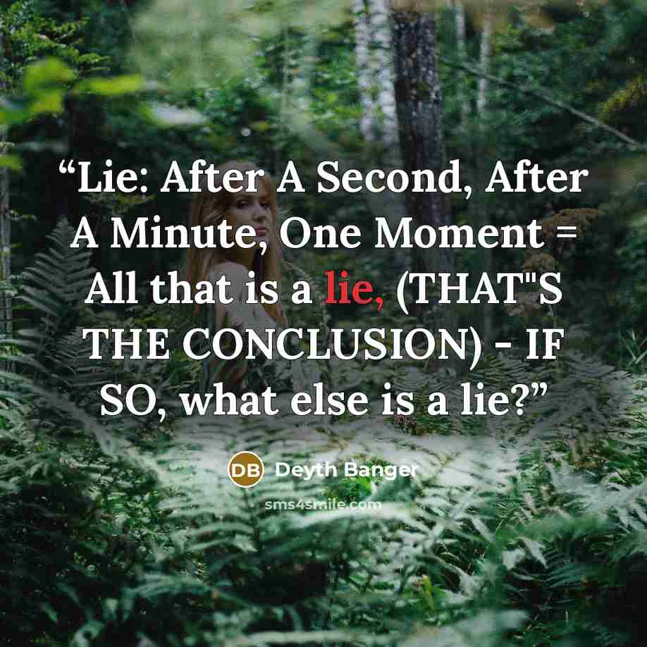 “Lie: After A Second, After A Minute, One Moment = All that is a lie, (THAT"S THE CONCLUSION) - IF SO, what else is a lie?” quote by Deyth Banger