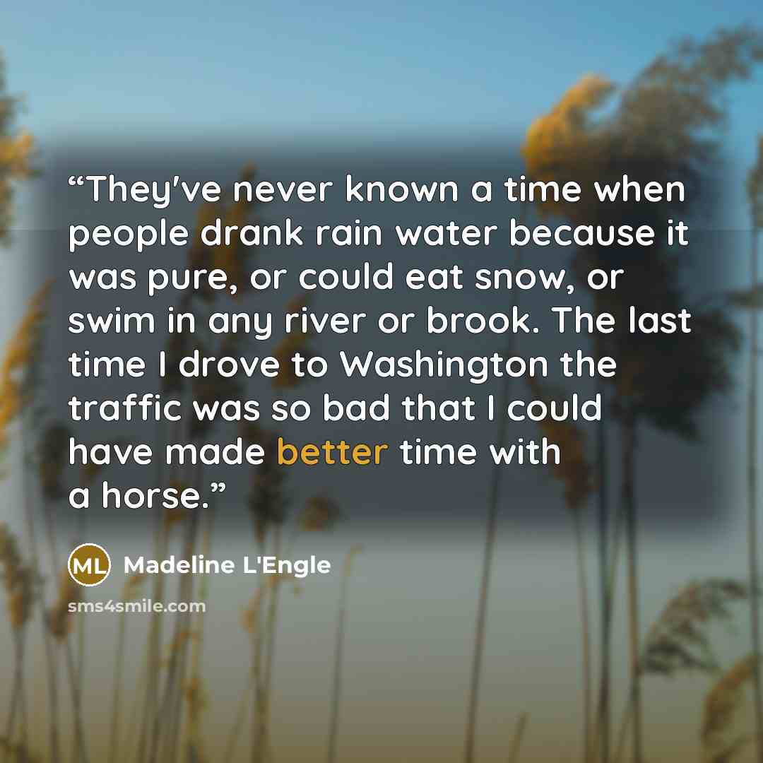 “They've never known a time when people drank rain water because it was pure, or could eat snow, or swim in any river or brook. The last time I drove to Washington the traffic was so bad that I could have made better time with a horse.” quote by Madeline L'Engle