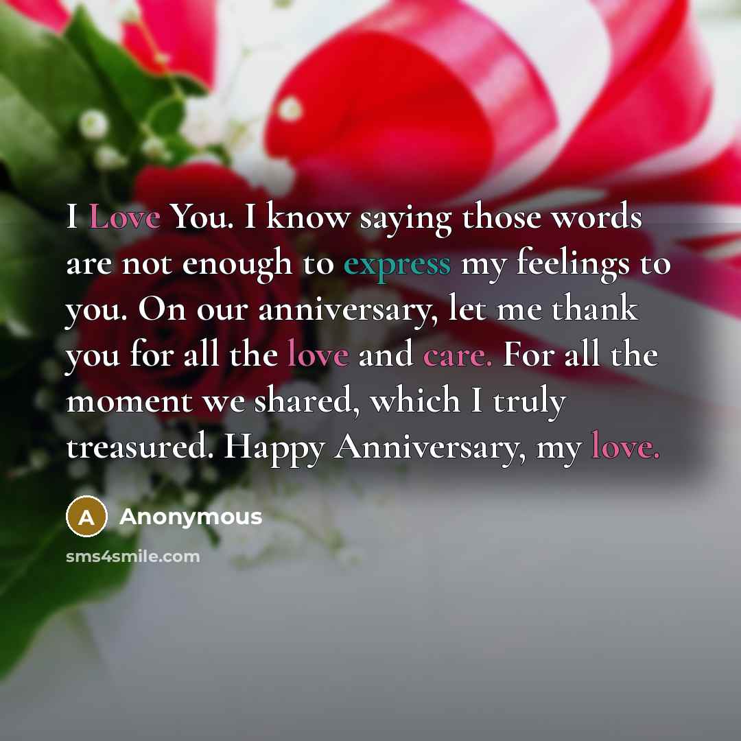 “I Love You. I know saying those words are not enough to express my feelings to you. On our anniversary, let me thank you for all the love and care. For all the moment we shared, which I truly treasured. Happy Anniversary, my love.” quote by Anonymous