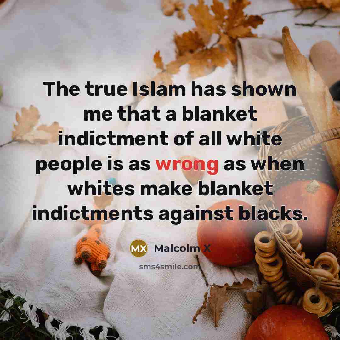 “The true Islam has shown me that a blanket indictment of all white people is as wrong as when whites make blanket indictments against blacks.” quote by Malcolm X