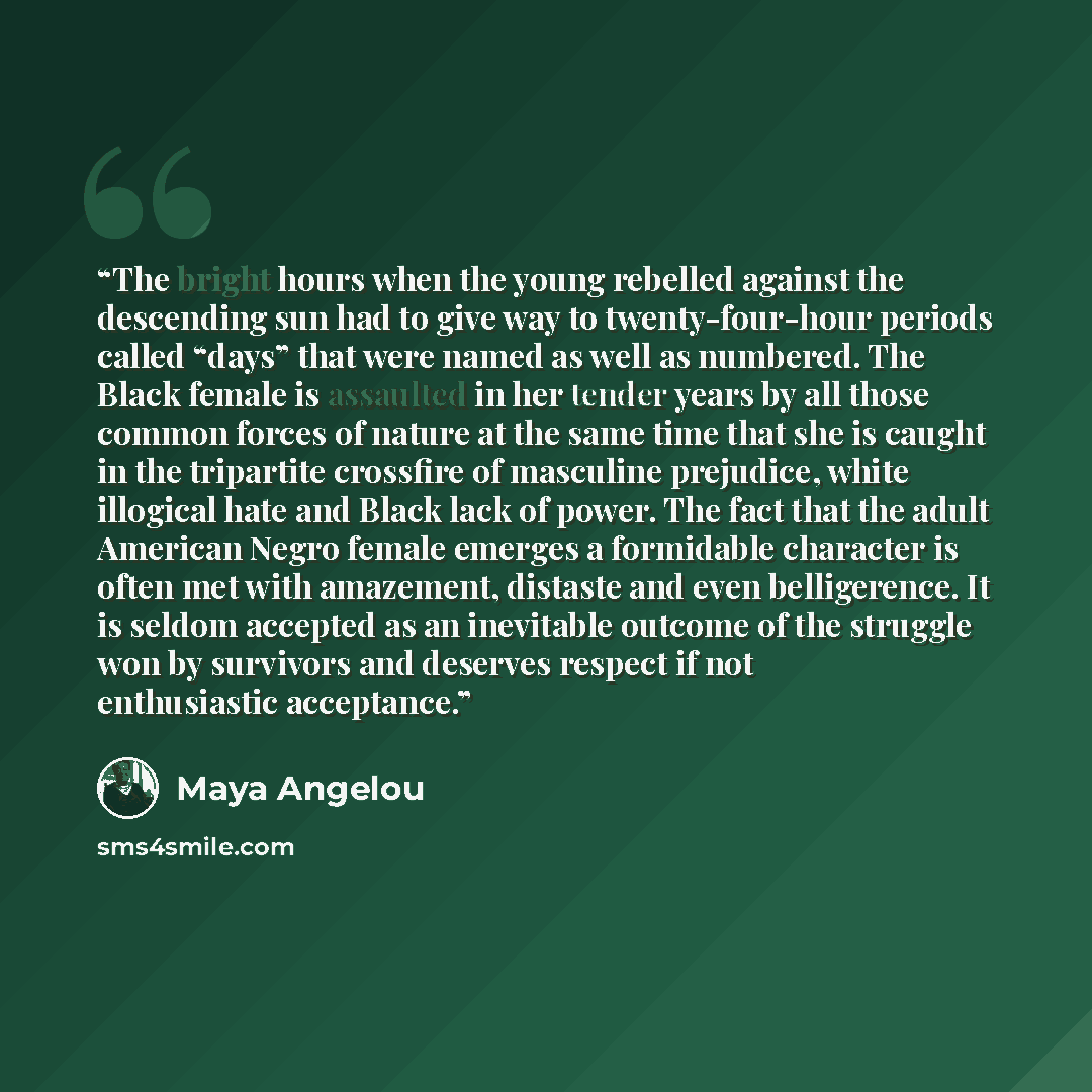 “The bright hours when the young rebelled against the descending sun had to give way to twenty-four-hour periods called “days” that were named as well as numbered. The Black female is assaulted in her tender years by all those common forces of nature at the same time that she is caught in the…” quote by Maya Angelou