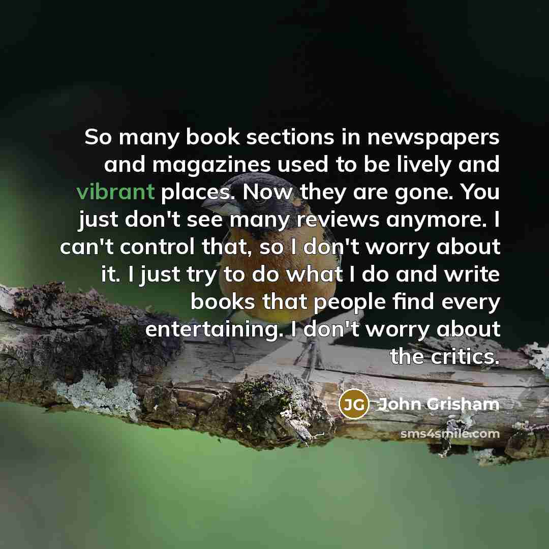 “So many book sections in newspapers and magazines used to be lively and vibrant places. Now they are gone. You just don't see many reviews anymore. I can't control that, so I don't worry about it. I just try to do what I do and write books that people find every entertaining. I don't worry about…” quote by John Grisham