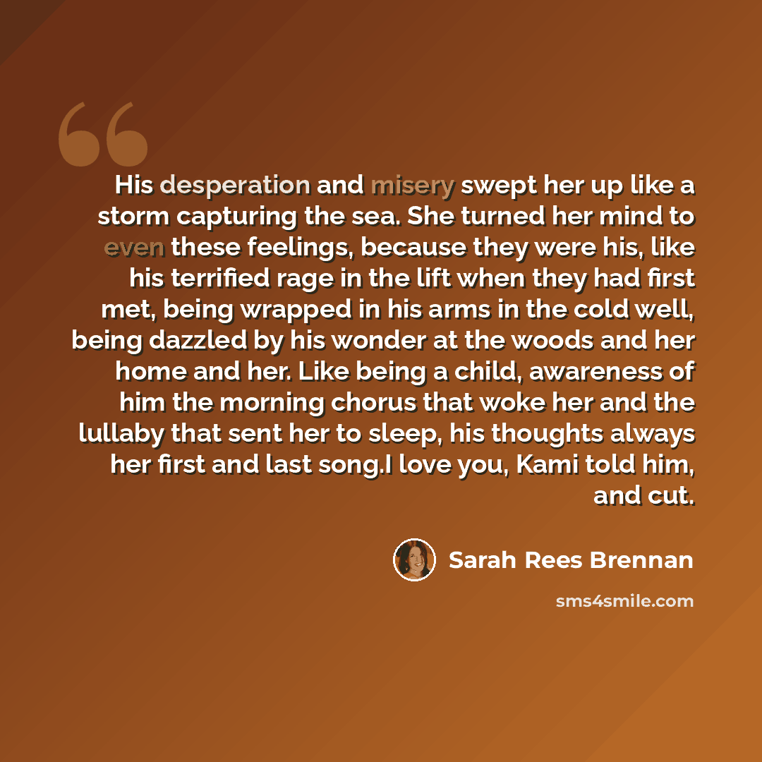 “His desperation and misery swept her up like a storm capturing the sea. She turned her mind to even these feelings, because they were his, like his terrified rage in the lift when they had first met, being wrapped in his arms in the cold well, being dazzled by his wonder at the woods and her home…” quote by Sarah Rees Brennan