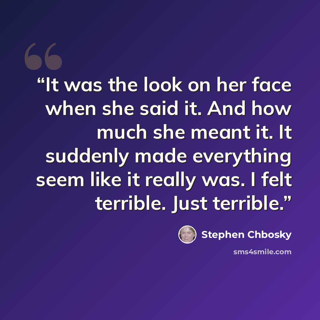 “It was the look on her face when she said it. And how much she meant it. It suddenly made everything seem like it really was. I felt terrible. Just terrible.” quote by Stephen Chbosky