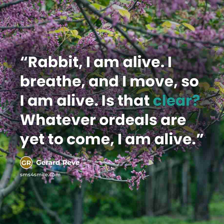 “Rabbit, I am alive. I breathe, and I move, so I am alive. Is that clear? Whatever ordeals are yet to come, I am alive.” quote by Gerard Reve