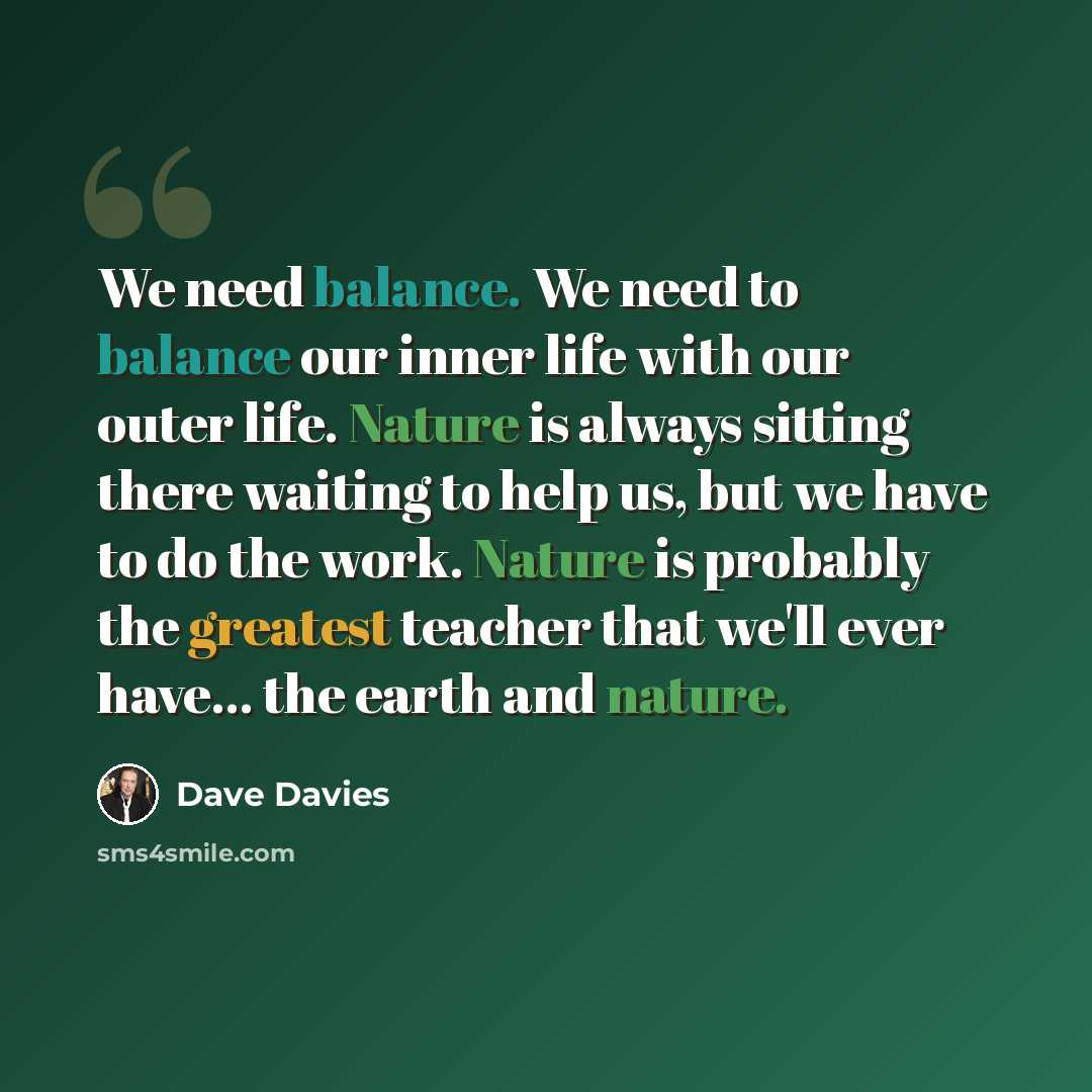 “We need balance. We need to balance our inner life with our outer life. Nature is always sitting there waiting to help us, but we have to do the work. Nature is probably the greatest teacher that we'll ever have... the earth and nature.” quote by Dave Davies