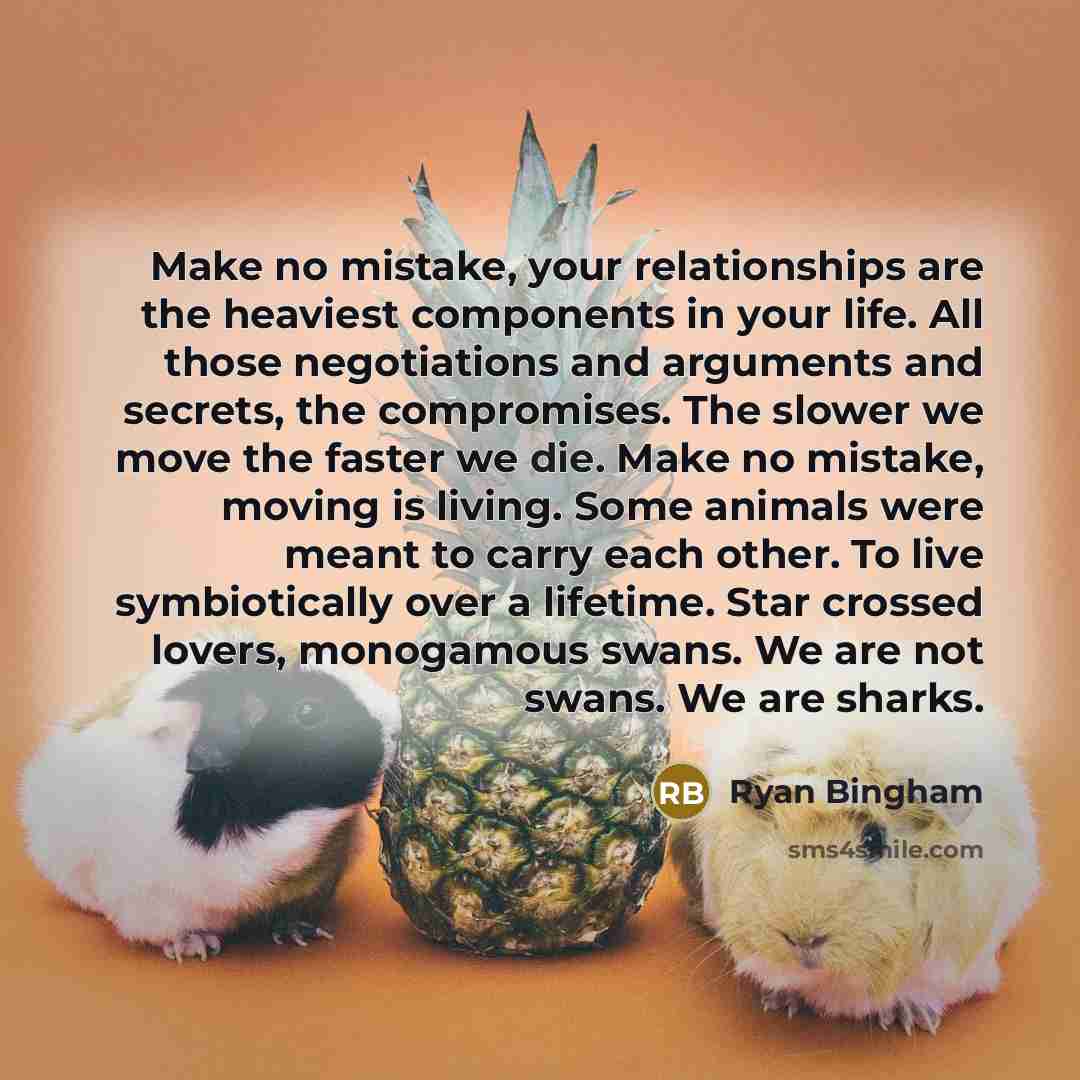 “Make no mistake, your relationships are the heaviest components in your life. All those negotiations and arguments and secrets, the compromises. The slower we move the faster we die. Make no mistake, moving is living. Some animals were meant to carry each other. To live symbiotically over a…” quote by Ryan Bingham