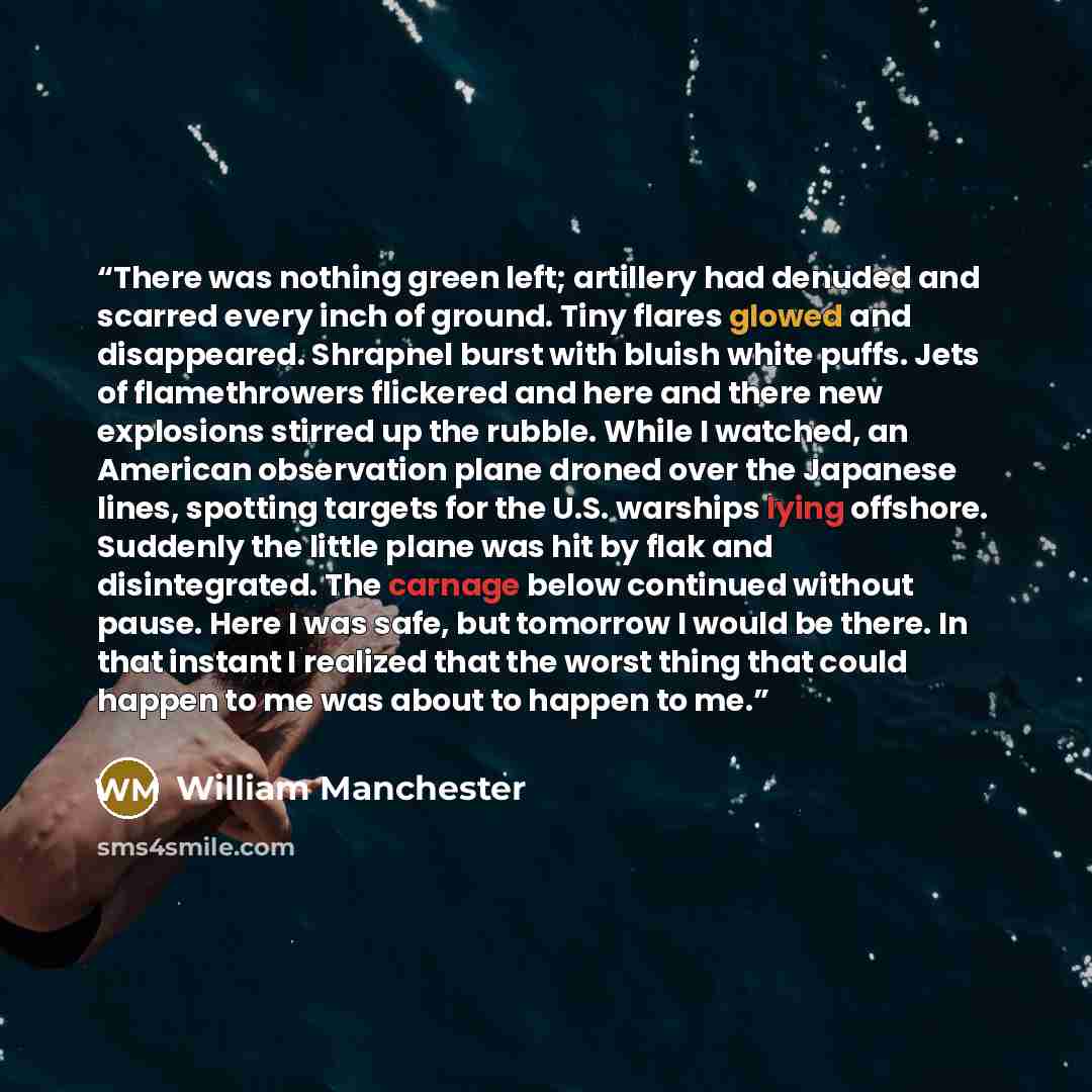 “There was nothing green left; artillery had denuded and scarred every inch of ground. Tiny flares glowed and disappeared. Shrapnel burst with bluish white puffs. Jets of flamethrowers flickered and here and there new explosions stirred up the rubble. While I watched, an American observation plane…” quote by William Manchester