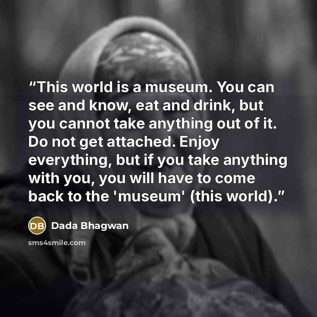 “This world is a museum. You can see and know, eat and drink, but you cannot take anything out of it. Do not get attached. Enjoy everything, but if you take anything with you, you will have to come back to the 'museum' (this world).” quote by Dada Bhagwan