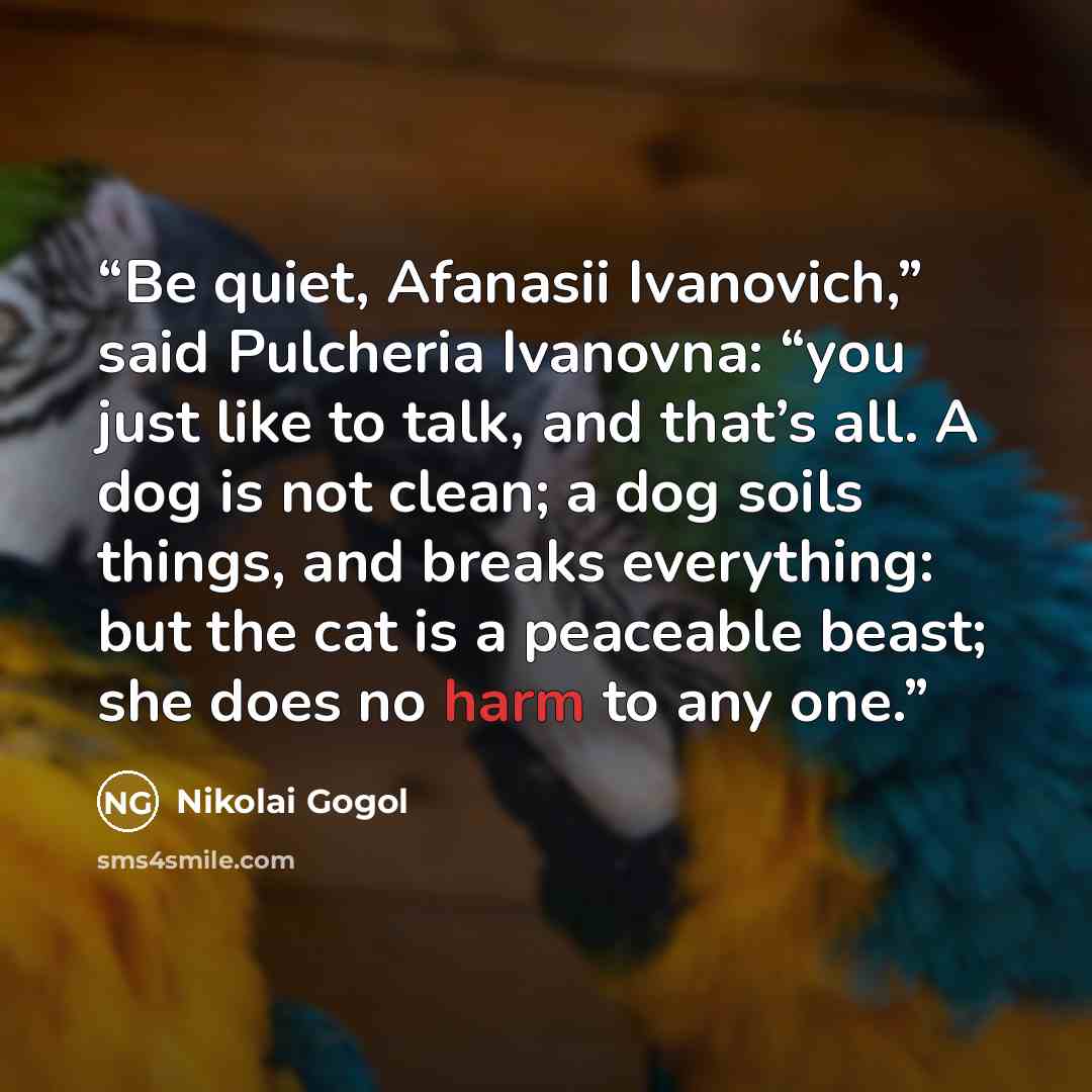 “Be quiet, Afanasii Ivanovich,” said Pulcheria Ivanovna: “you just like to talk, and that’s all. A dog is not clean; a dog soils things, and breaks everything: but the cat is a peaceable beast; she does no harm to any one.” quote by Nikolai Gogol