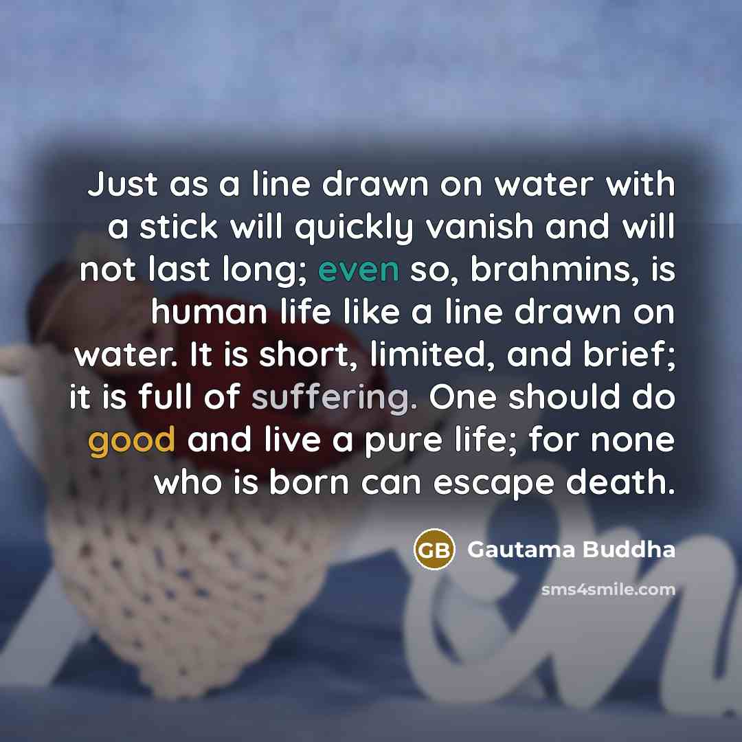 “Just as a line drawn on water with a stick will quickly vanish and will not last long; even so, brahmins, is human life like a line drawn on water. It is short, limited, and brief; it is full of suffering. One should do good and live a pure life; for none who is born can escape death.” quote by Gautama Buddha