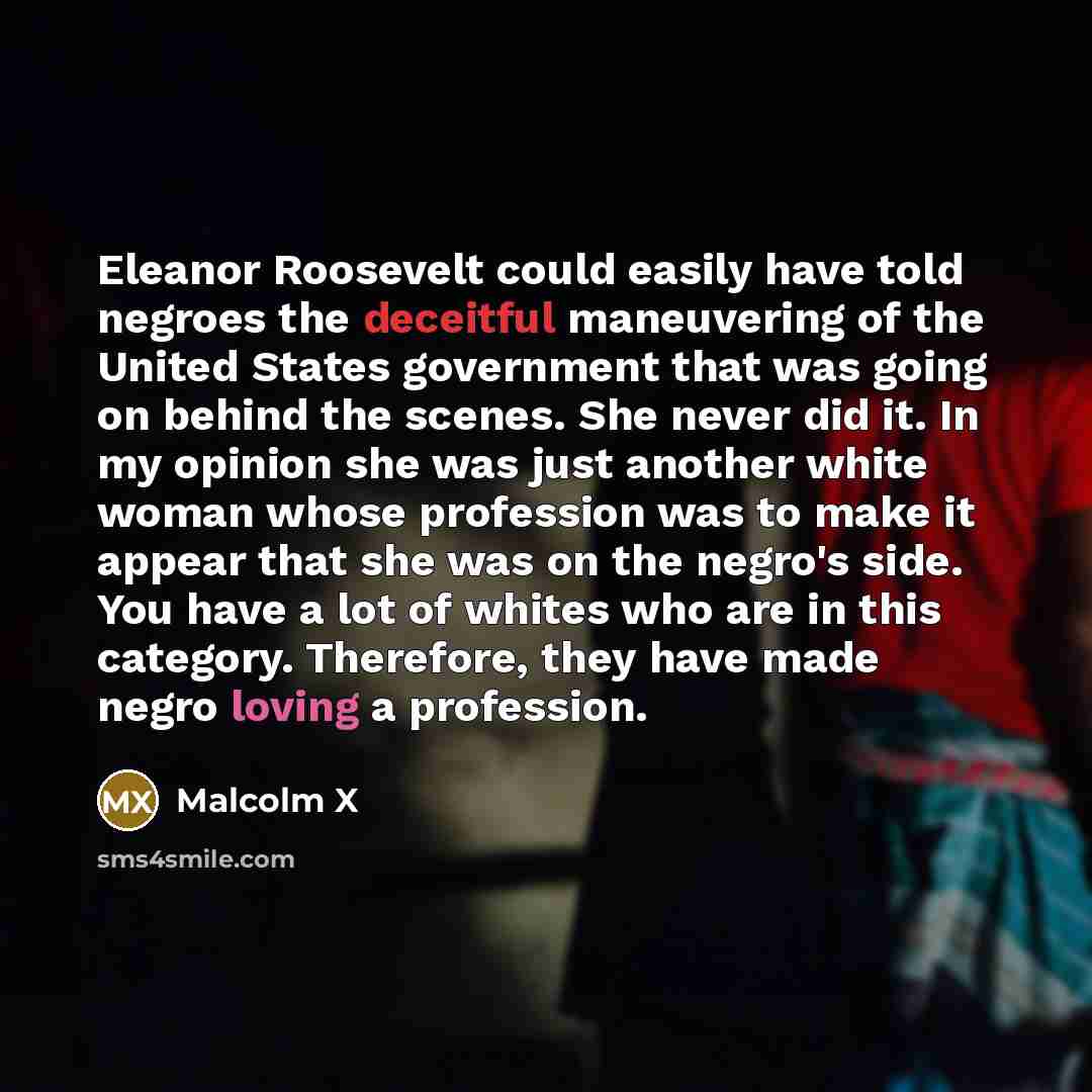 “Eleanor Roosevelt could easily have told negroes the deceitful maneuvering of the United States government that was going on behind the scenes. She never did it. In my opinion she was just another white woman whose profession was to make it appear that she was on the negro's side. You have a lot…” quote by Malcolm X