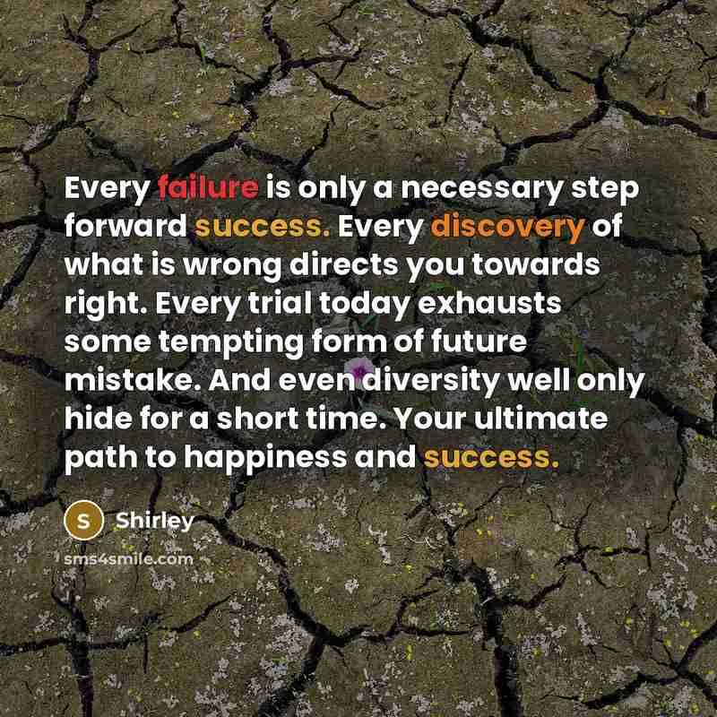 “Every failure is only a necessary step forward success. Every discovery of what is wrong directs you towards right. Every trial today exhausts some tempting form of future mistake. And even diversity well only hide for a short time. Your ultimate path to happiness and success.” quote by Shirley