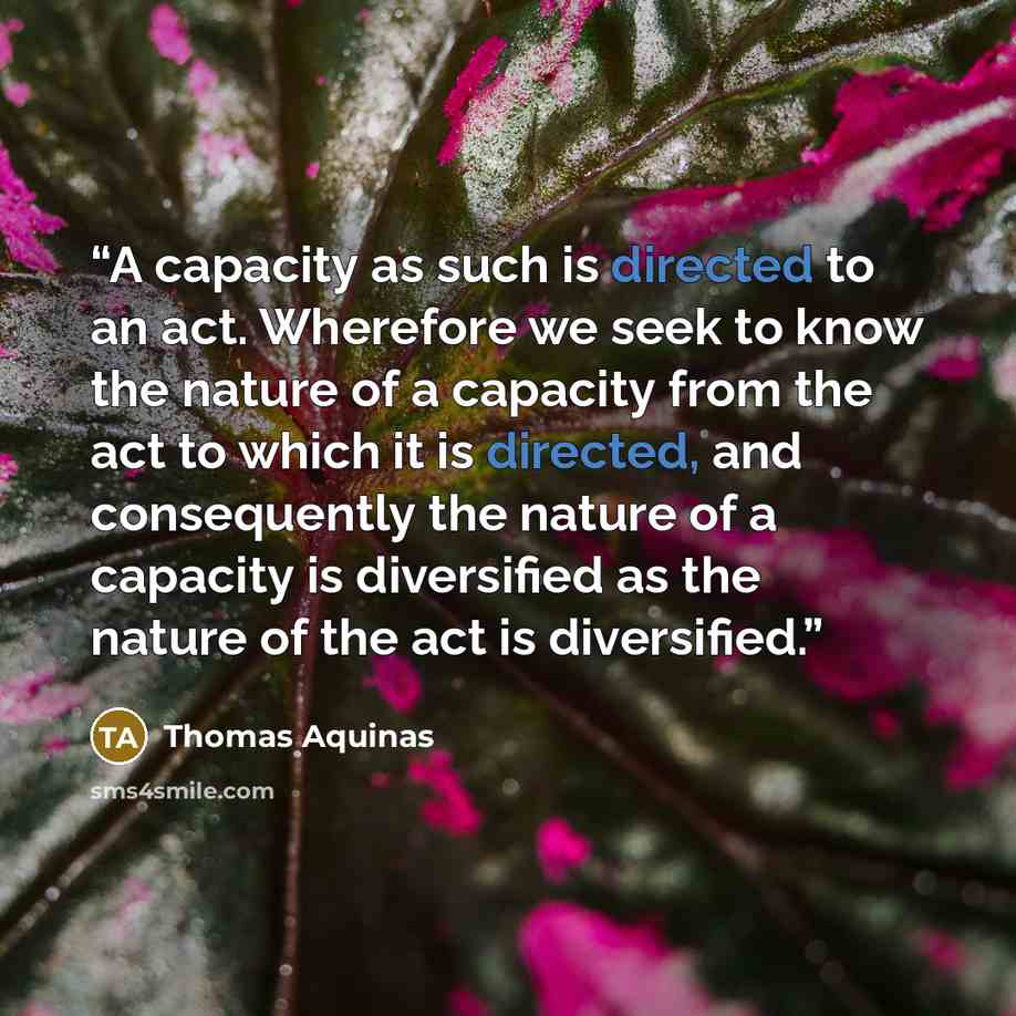 “A capacity as such is directed to an act. Wherefore we seek to know the nature of a capacity from the act to which it is directed, and consequently the nature of a capacity is diversified as the nature of the act is diversified.” quote by Thomas Aquinas