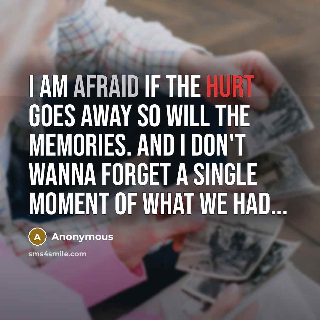 “I am afraid if the hurt goes away so will the memories. and I don't wanna forget a single moment of what we had...” quote by Anonymous