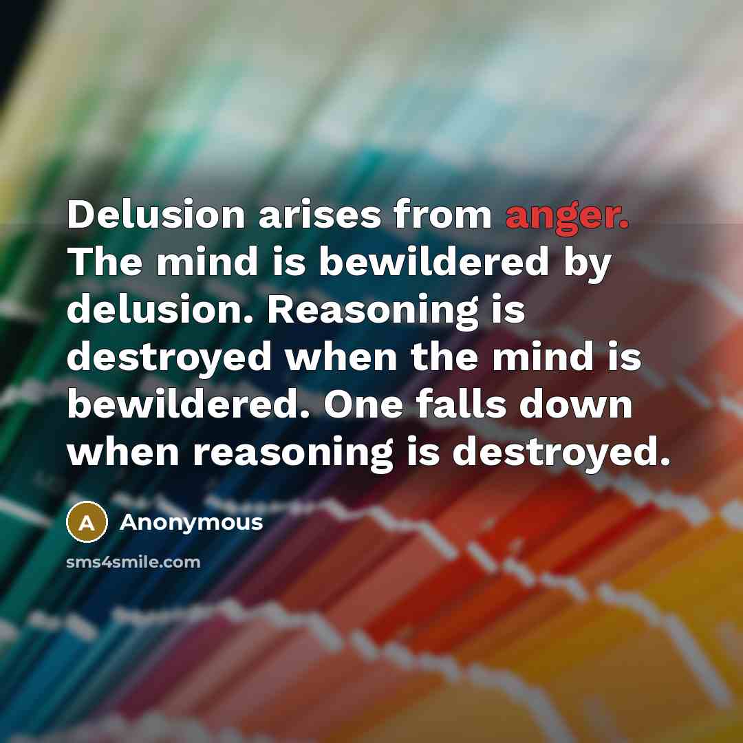 “Delusion arises from anger. The mind is bewildered by delusion. Reasoning is destroyed when the mind is bewildered. One falls down when reasoning is destroyed.” quote by Anonymous