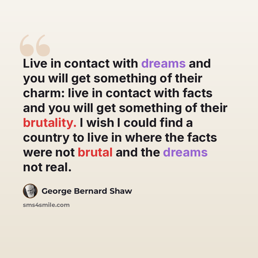 “Live in contact with dreams and you will get something of their charm: live in contact with facts and you will get something of their brutality. I wish I could find a country to live in where the facts were not brutal and the dreams not real.” quote by George Bernard Shaw