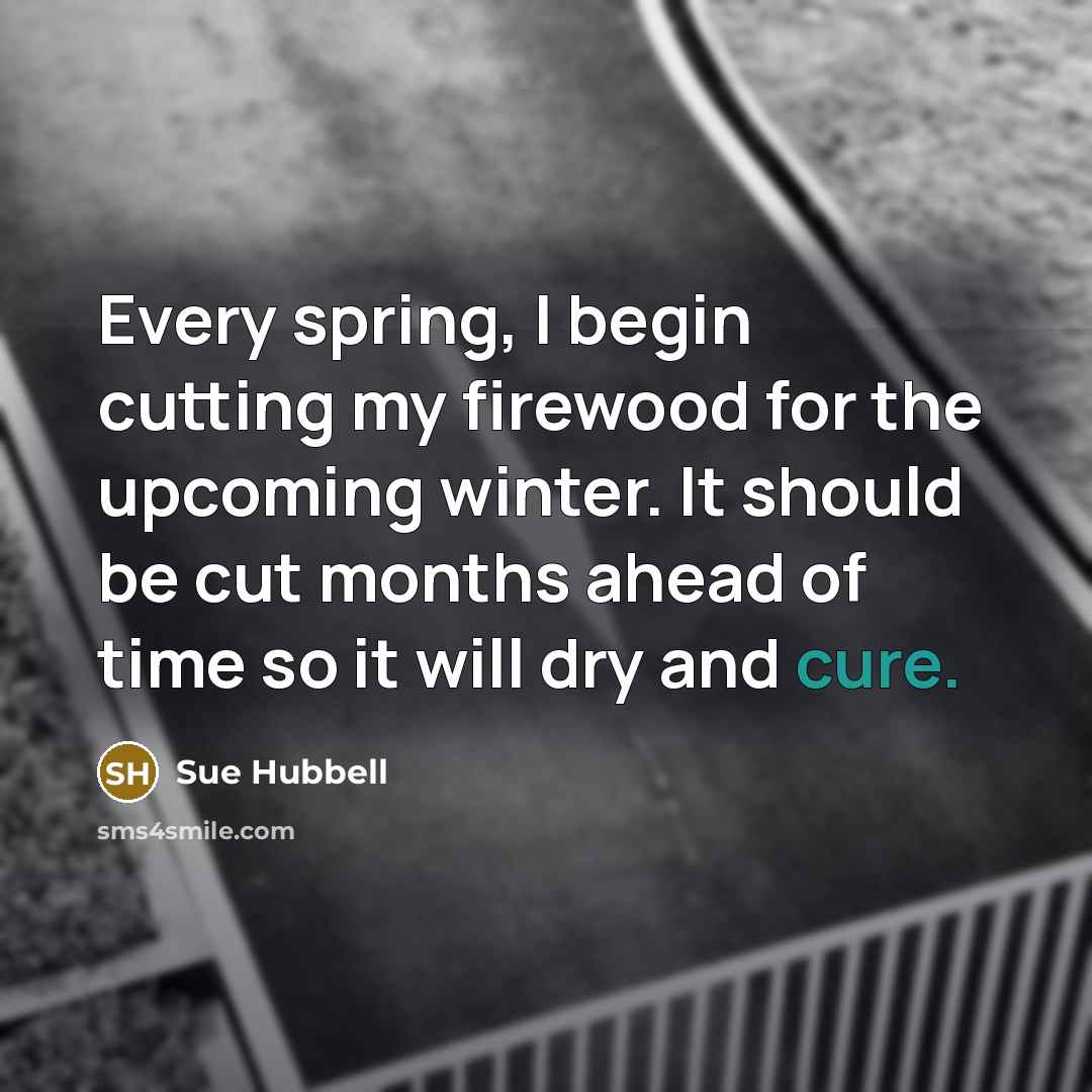“Every spring, I begin cutting my firewood for the upcoming winter. It should be cut months ahead of time so it will dry and cure.” quote by Sue Hubbell