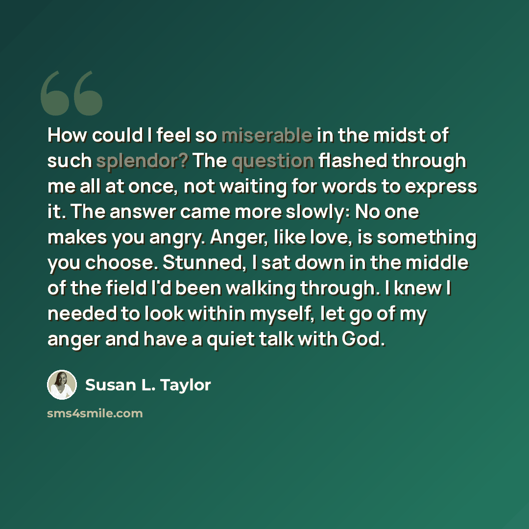 “How could I feel so miserable in the midst of such splendor? The question flashed through me all at once, not waiting for words to express it. The answer came more slowly: No one makes you angry. Anger, like love, is something you choose. Stunned, I sat down in the middle of the field I'd been…” quote by Susan L. Taylor