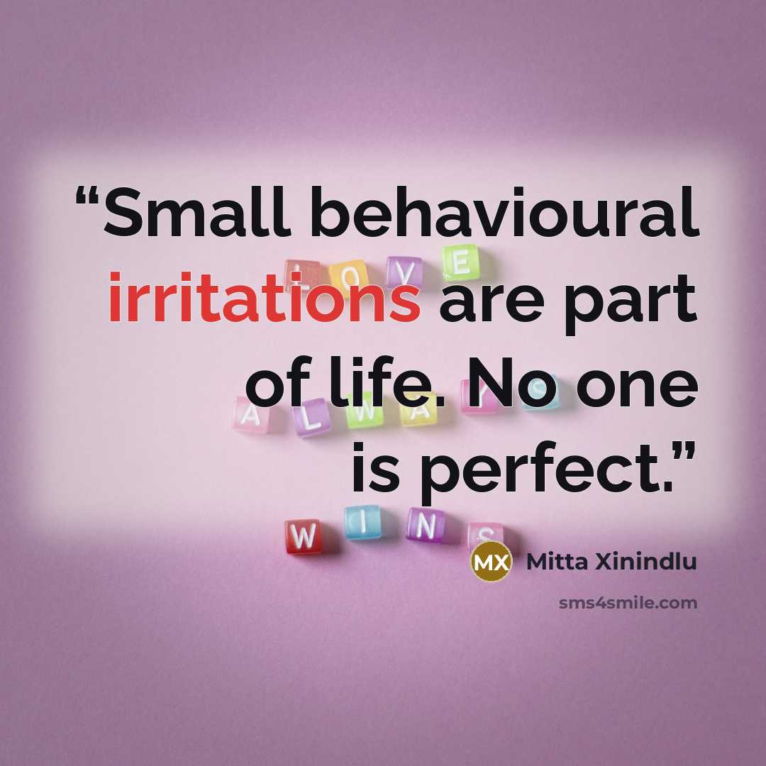 “Small behavioural irritations are part of life. No one is perfect.” quote by Mitta Xinindlu