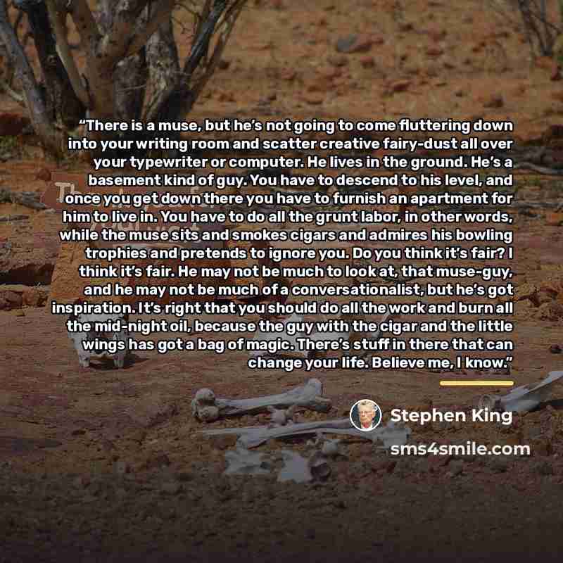 “There is a muse, but he’s not going to come fluttering down into your writing room and scatter creative fairy-dust all over your typewriter or computer. He lives in the ground. He’s a basement kind of guy. You have to descend to his level, and once you get down there you have to furnish an…” quote by Stephen King
