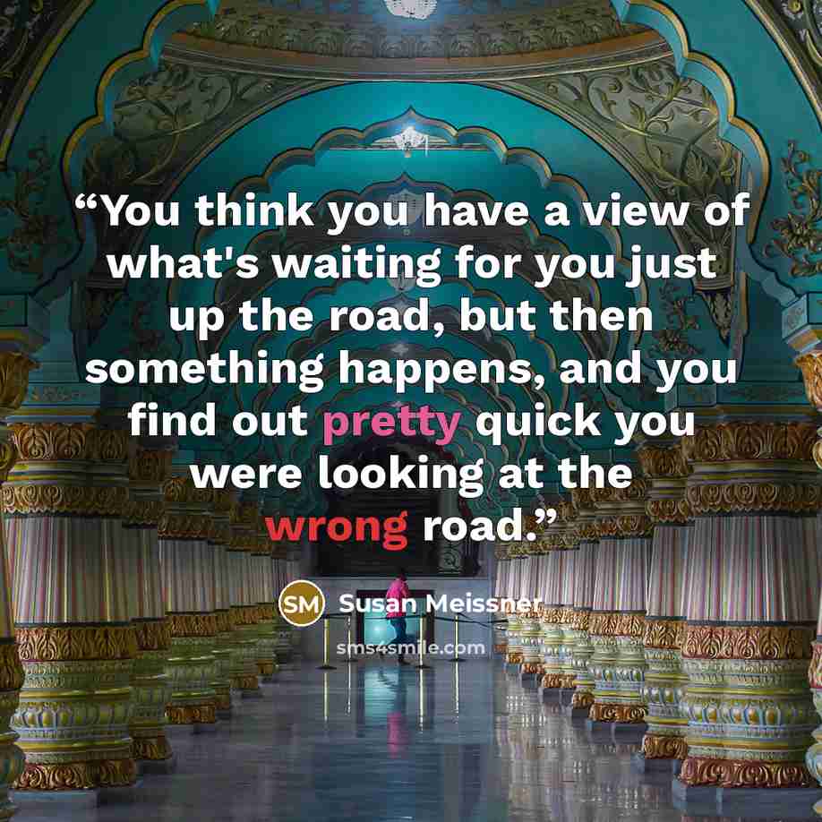 “You think you have a view of what's waiting for you just up the road, but then something happens, and you find out pretty quick you were looking at the wrong road.” quote by Susan Meissner