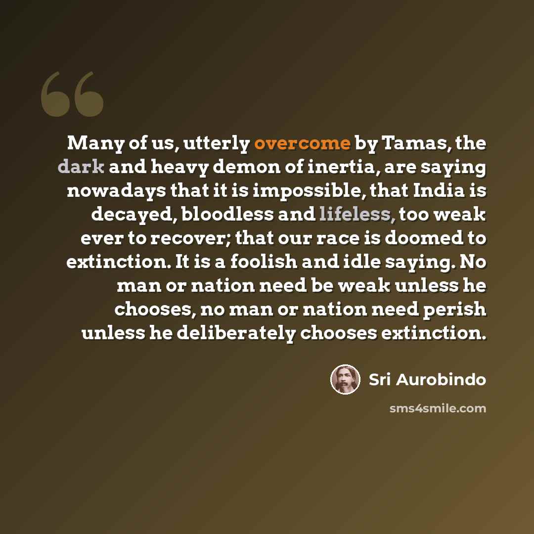 “Many of us, utterly overcome by Tamas, the dark and heavy demon of inertia, are saying nowadays that it is impossible, that India is decayed, bloodless and lifeless, too weak ever to recover; that our race is doomed to extinction. It is a foolish and idle saying. No man or nation need be weak…” quote by Sri Aurobindo
