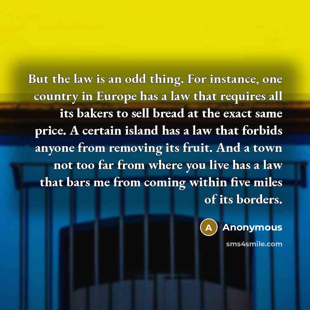 “But the law is an odd thing. For instance, one country in Europe has a law that requires all its bakers to sell bread at the exact same price. A certain island has a law that forbids anyone from removing its fruit. And a town not too far from where you live has a law that bars me from coming…” quote by Anonymous