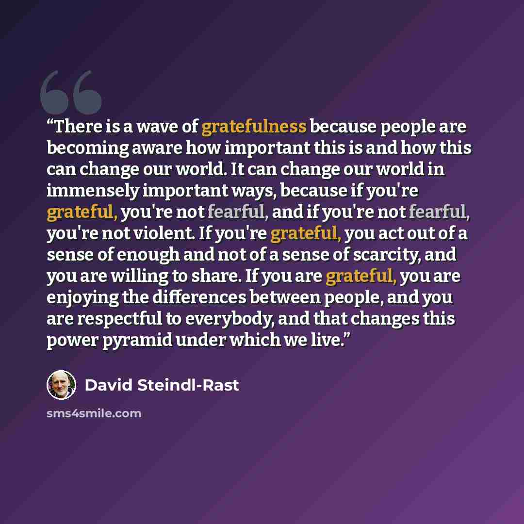 “There is a wave of gratefulness because people are becoming aware how important this is and how this can change our world. It can change our world in immensely important ways, because if you're grateful, you're not fearful, and if you're not fearful, you're not violent. If you're grateful, you act…” quote by David Steindl-Rast