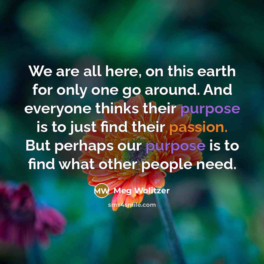“We are all here, on this earth for only one go around. And everyone thinks their purpose is to just find their passion. But perhaps our purpose is to find what other people need.” quote by Meg Wolitzer