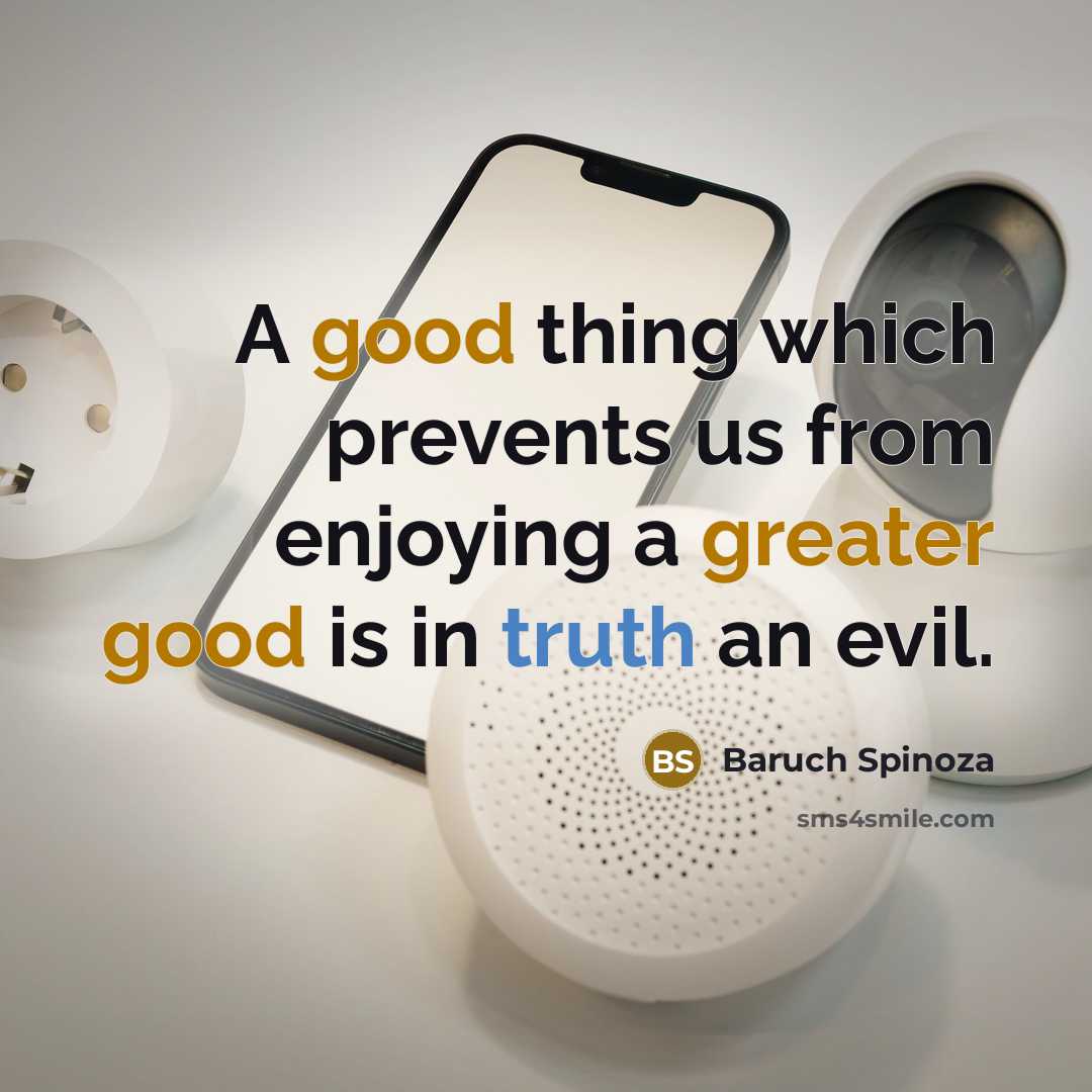 “A good thing which prevents us from enjoying a greater good is in truth an evil.” quote by Baruch Spinoza