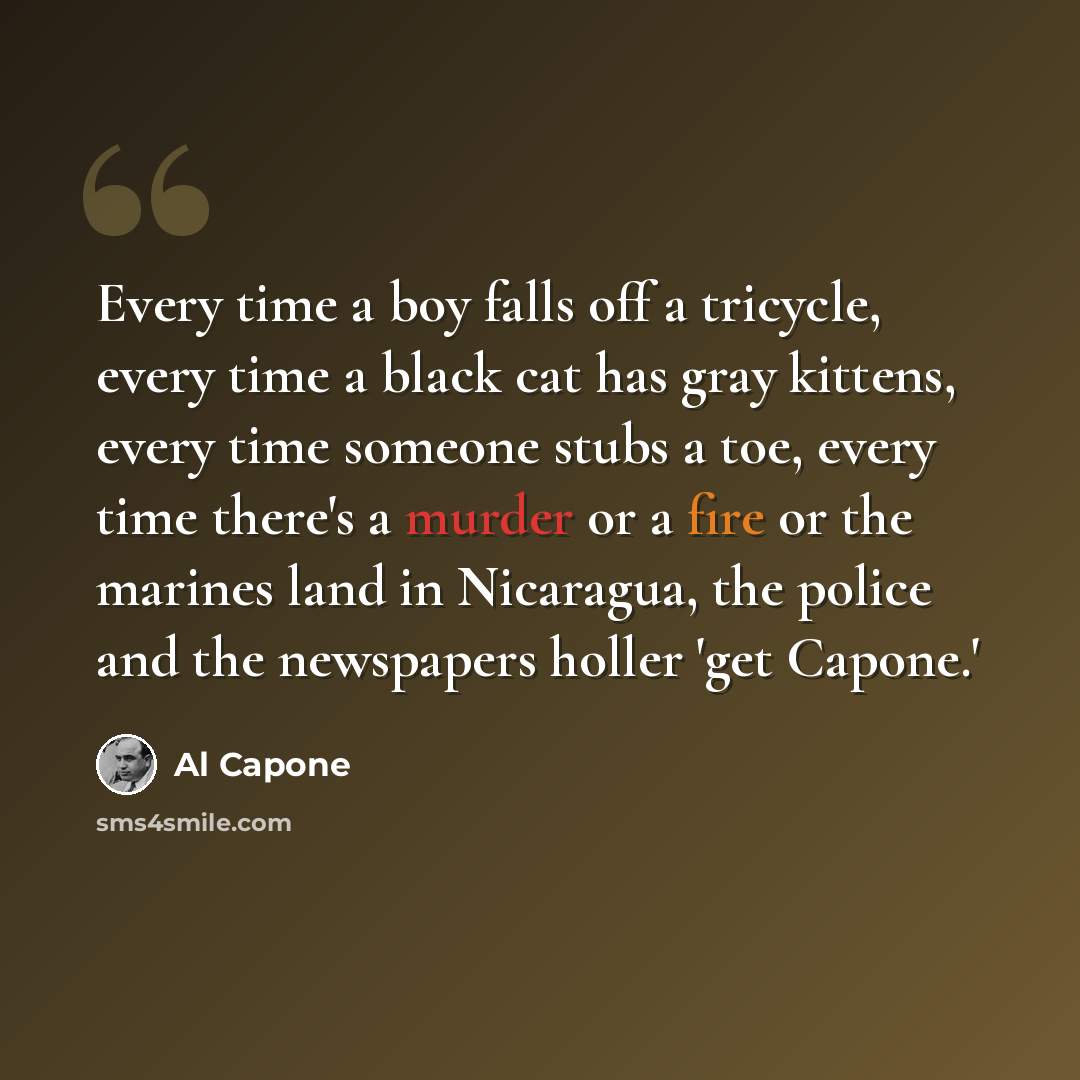 “Every time a boy falls off a tricycle, every time a black cat has gray kittens, every time someone stubs a toe, every time there's a murder or a fire or the marines land in Nicaragua, the police and the newspapers holler 'get Capone.'” quote by Al Capone