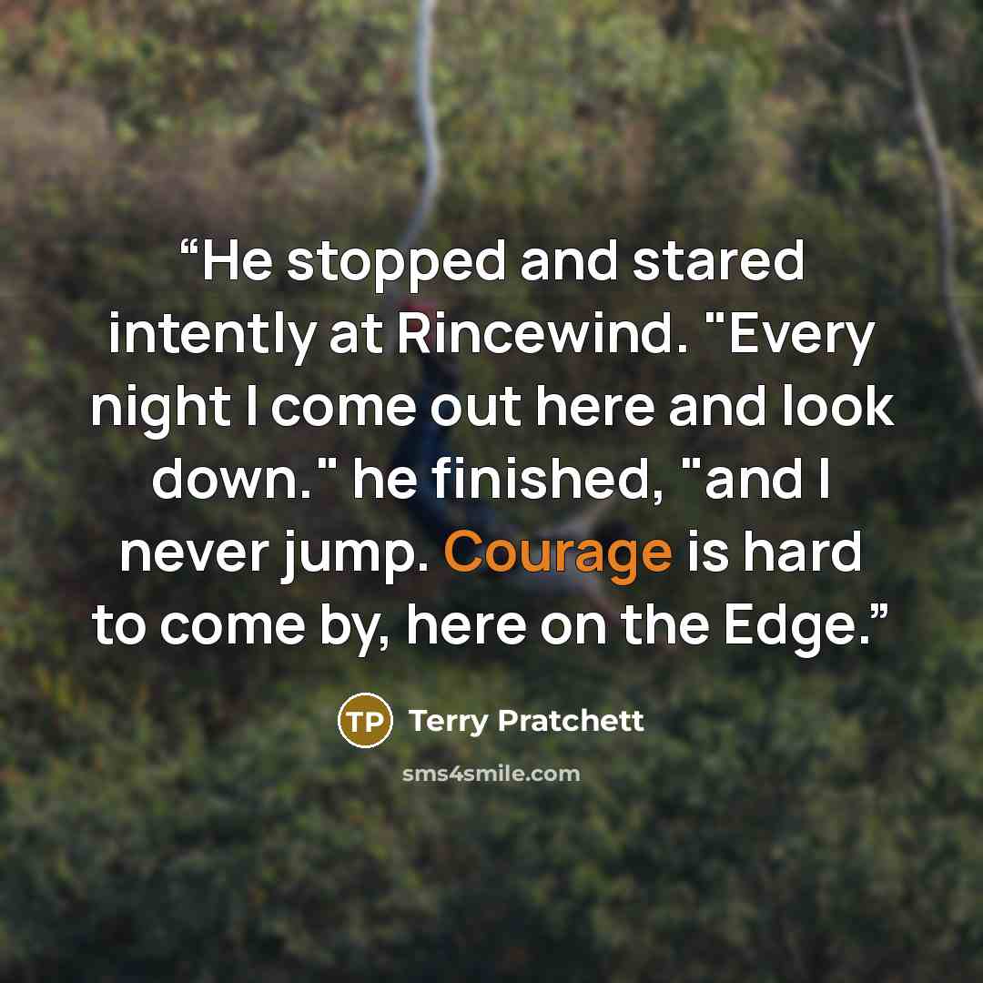 “He stopped and stared intently at Rincewind. "Every night I come out here and look down." he finished, "and I never jump. Courage is hard to come by, here on the Edge.” quote by Terry Pratchett