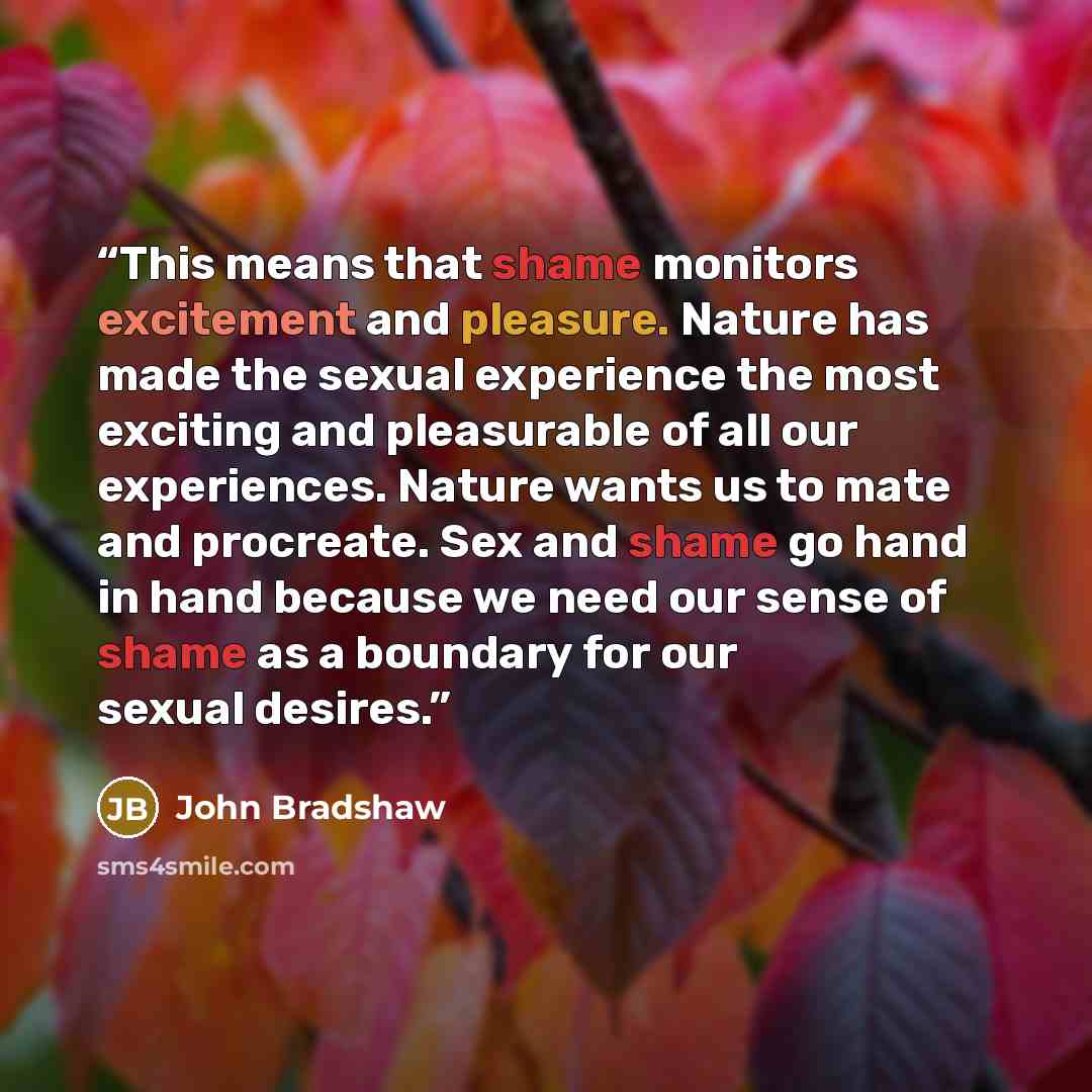 “This means that shame monitors excitement and pleasure. Nature has made the sexual experience the most exciting and pleasurable of all our experiences. Nature wants us to mate and procreate. Sex and shame go hand in hand because we need our sense of shame as a boundary for our sexual desires.” quote by John Bradshaw
