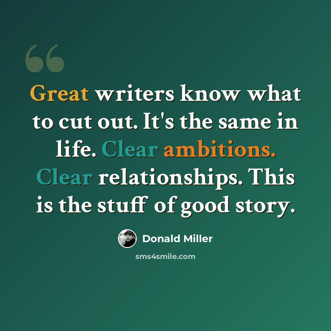 “Great writers know what to cut out. It's the same in life. Clear ambitions. Clear relationships. This is the stuff of good story.” quote by Donald Miller