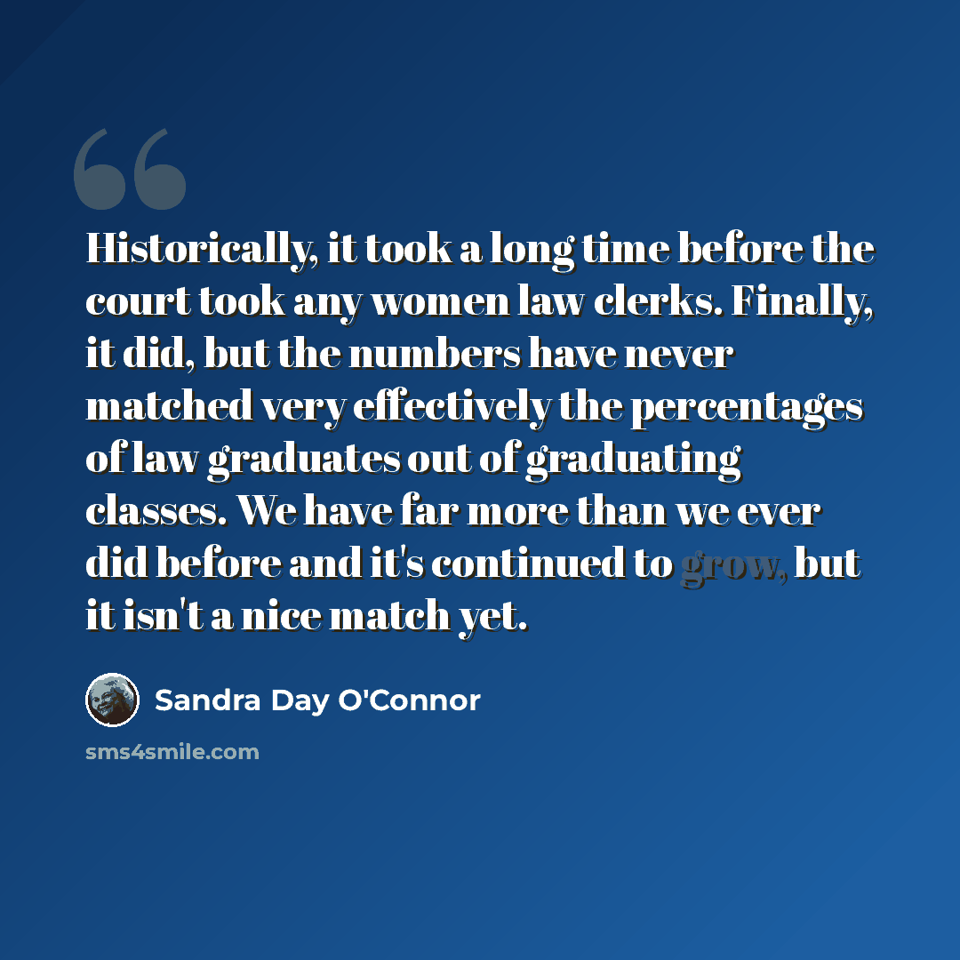“Historically, it took a long time before the court took any women law clerks. Finally, it did, but the numbers have never matched very effectively the percentages of law graduates out of graduating classes. We have far more than we ever did before and it's continued to grow, but it isn't a nice…” quote by Sandra Day O'Connor