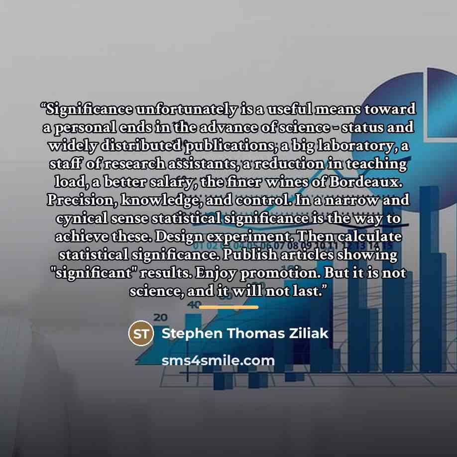 “Significance unfortunately is a useful means toward a personal ends in the advance of science - status and widely distributed publications, a big laboratory, a staff of research assistants, a reduction in teaching load, a better salary, the finer wines of Bordeaux. Precision, knowledge, and…” quote by Stephen Thomas Ziliak