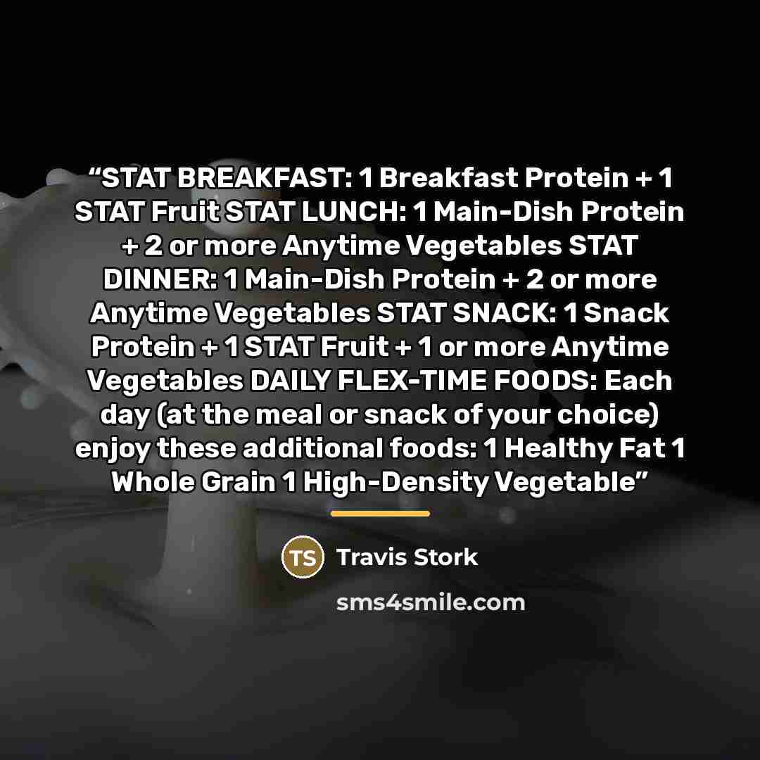 “STAT BREAKFAST: 1 Breakfast Protein + 1 STAT Fruit STAT LUNCH: 1 Main-Dish Protein + 2 or more Anytime Vegetables STAT DINNER: 1 Main-Dish Protein + 2 or more Anytime Vegetables STAT SNACK: 1 Snack Protein + 1 STAT Fruit + 1 or more Anytime Vegetables DAILY FLEX-TIME FOODS: Each day (at the meal…” quote by Travis Stork