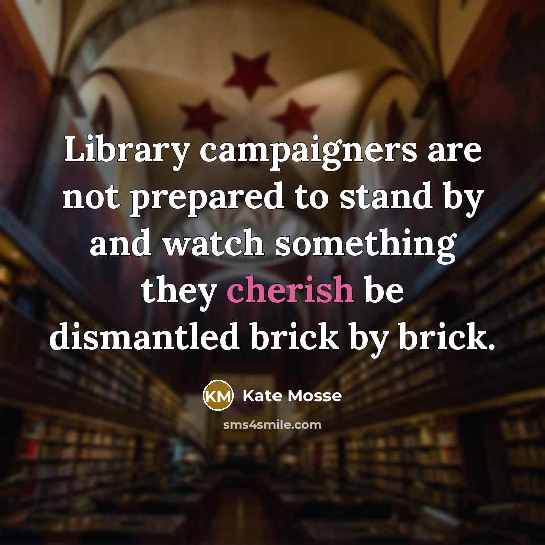 “Library campaigners are not prepared to stand by and watch something they cherish be dismantled brick by brick.” quote by Kate Mosse