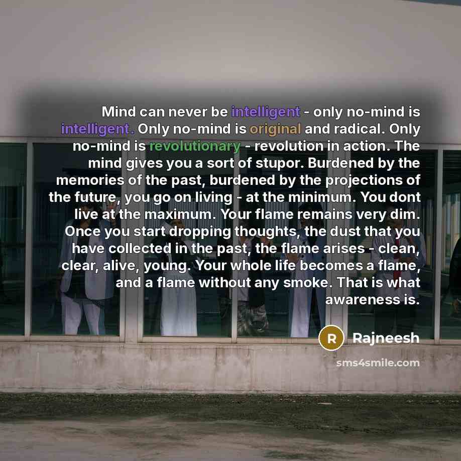 “Mind can never be intelligent - only no-mind is intelligent. Only no-mind is original and radical. Only no-mind is revolutionary - revolution in action. The mind gives you a sort of stupor. Burdened by the memories of the past, burdened by the projections of the future, you go on living - at the…” quote by Rajneesh
