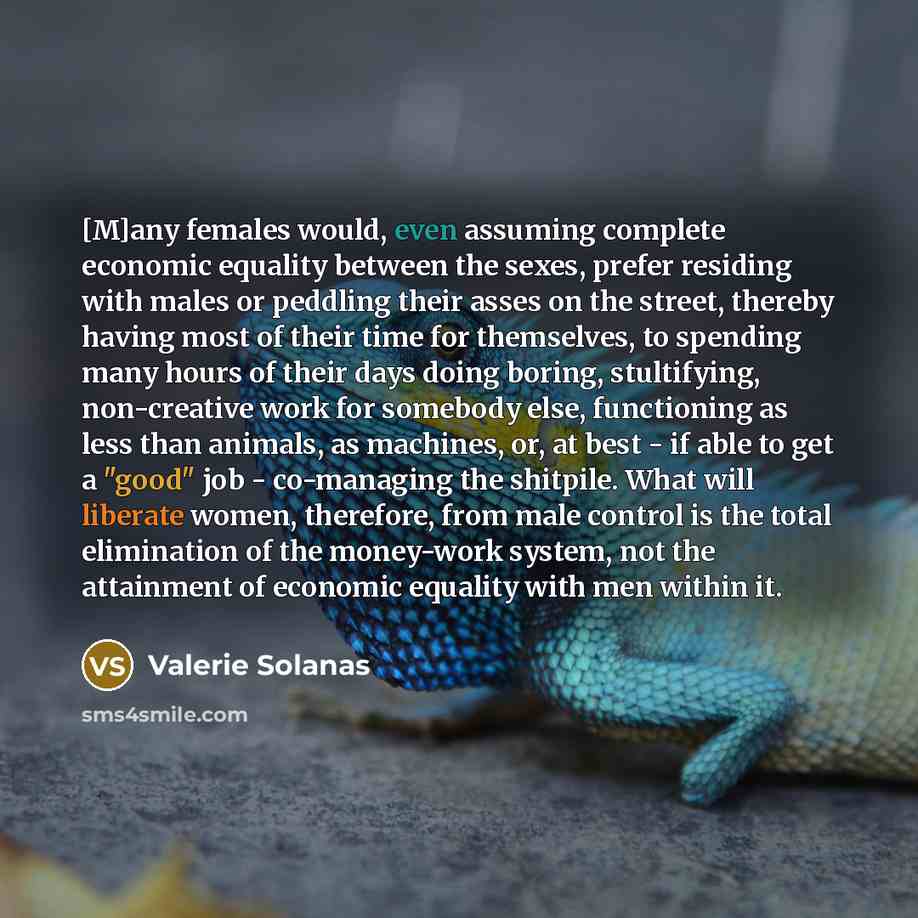 “[M]any females would, even assuming complete economic equality between the sexes, prefer residing with males or peddling their asses on the street, thereby having most of their time for themselves, to spending many hours of their days doing boring, stultifying, non-creative work for somebody else…” quote by Valerie Solanas
