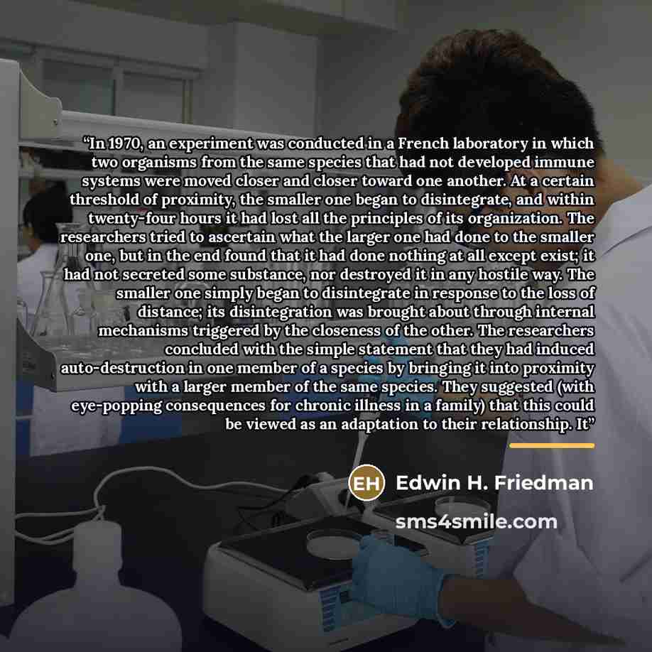 “In 1970, an experiment was conducted in a French laboratory in which two organisms from the same species that had not developed immune systems were moved closer and closer toward one another. At a certain threshold of proximity, the smaller one began to disintegrate, and within twenty-four hours…” quote by Edwin H. Friedman