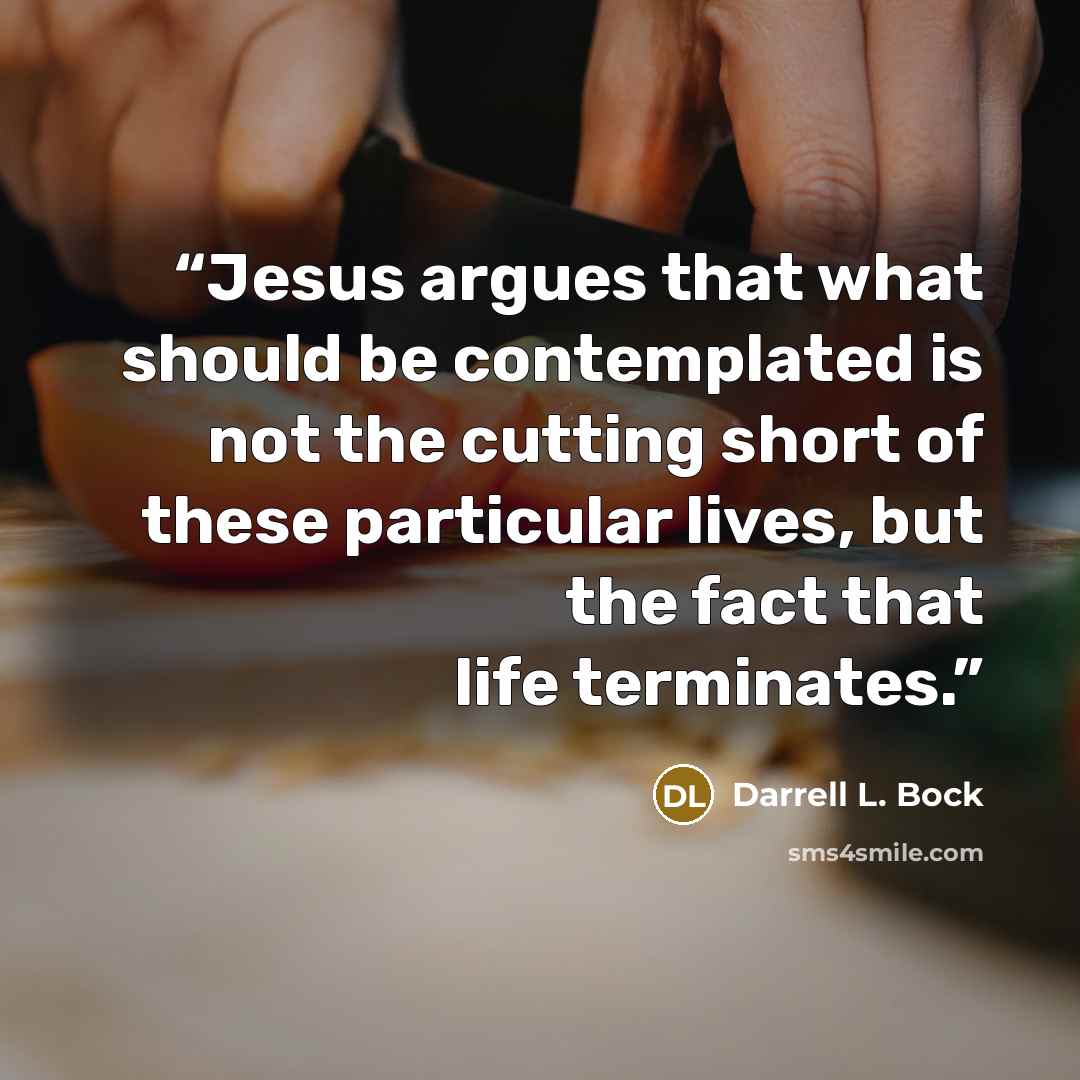 “Jesus argues that what should be contemplated is not the cutting short of these particular lives, but the fact that life terminates.” quote by Darrell L. Bock